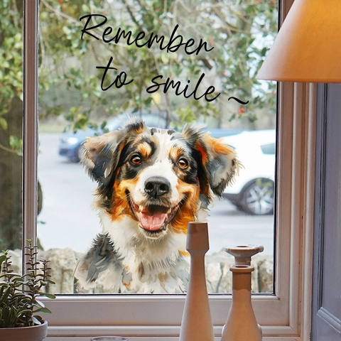 Pegatina de Ventana Perro Pastor Australiano Acuarela Frase Remember To Smile Adherencia Estática PVC para Vidrio