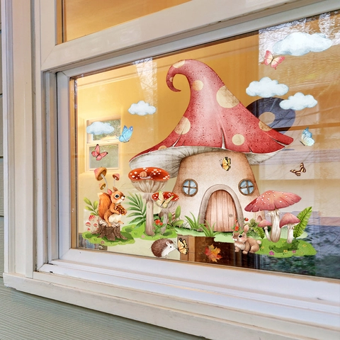 Cartoon Forest Animal Mushroom House Window Stickers Double Sided Static Cling PVC Decals Kids Room Nursery Decor