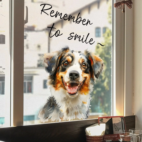 Pegatina de Ventana Perro Pastor Australiano Acuarela Frase Remember To Smile Adherencia Estática PVC para Vidrio