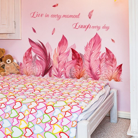 Stickers Muraux Plumes Roses Aquarelle PVC Imperméable Amovible Citations Pour Décoration De Chambre Salon Maison