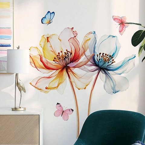 Große Aquarell Blumen Wandaufkleber Mit Schmetterling PVC Abnehmbare Selbstklebende Künstlerische Blumen Decals Für Heimdekoration