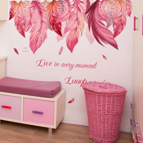 Stickers Muraux Plumes Roses Aquarelle PVC Imperméable Amovible Citations Pour Décoration De Chambre Salon Maison