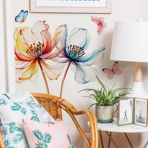 Große Aquarell Blumen Wandaufkleber Mit Schmetterling PVC Abnehmbare Selbstklebende Künstlerische Blumen Decals Für Heimdekoration