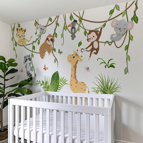 Cartoon Jungle Animal Monkey Koala Tree Branch Wall Stickers For Kids Nursery Bedroom Decor PVC Self Adhesive Removable Decals