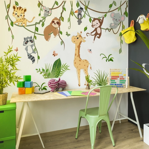 Stickers Muraux Animaux de la Jungle Singe Koala Branche d'Arbre pour Décoration de Chambre d'Enfant PVC Auto-adhésif Amovible