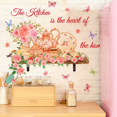 Pink Rose Flower Wall Decal Kitchen Heart Of Home Butterfly Teapot Teacup PVC Removable Waterproof Home Decor Sticker