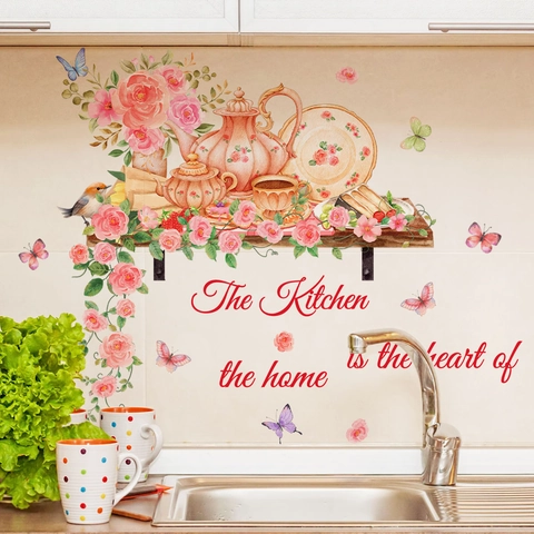 Pink Rose Flower Wall Decal Kitchen Heart Of Home Butterfly Teapot Teacup PVC Removable Waterproof Home Decor Sticker