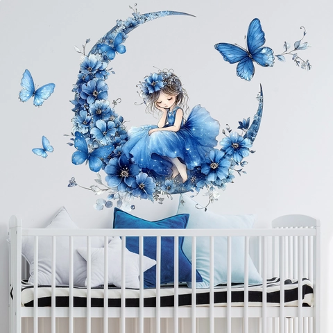 Aquarell Mädchen Auf Mond Wandtattoo PVC Selbstklebend Abnehmbar Schmetterling Blumen Aufkleber Für Kinderzimmer Deko