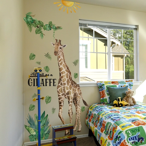 Adesivi Murali Giraffa Cartone Animato Acquerello Foglie Tropicali PVC Impermeabile Autoadesivo Decorazione Camera Bambini