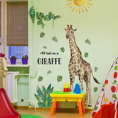 Adesivi Murali Giraffa Cartone Animato Acquerello Foglie Tropicali PVC Impermeabile Autoadesivo Decorazione Camera Bambini