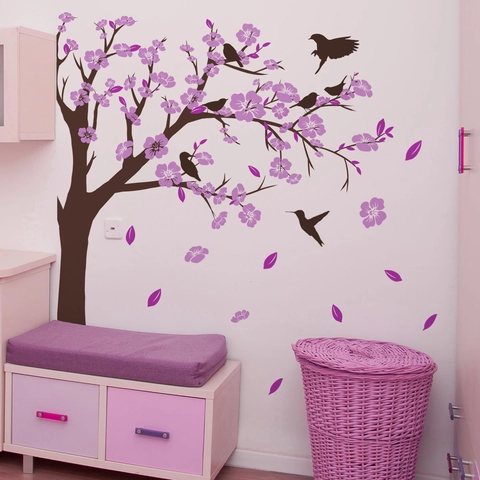 Adesivo da Parete Albero di Ciliegio Viola Decalcomanie Floreali con Uccelli in PVC Removibile per Soggiorno Camera da Letto