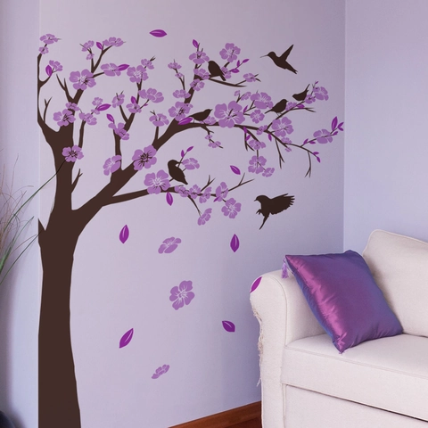 Adesivo da Parete Albero di Ciliegio Viola Decalcomanie Floreali con Uccelli in PVC Removibile per Soggiorno Camera da Letto