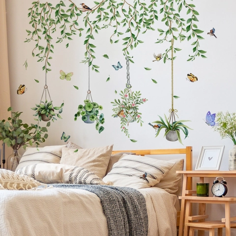 Green Plants Hanging Vines Wall Sticker PVC Self Adhesive Potted Plants Butterfly Bird Decal For Living Room Home Decor