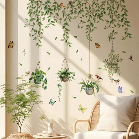 Green Plants Hanging Vines Wall Sticker PVC Self Adhesive Potted Plants Butterfly Bird Decal For Living Room Home Decor