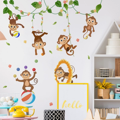 Cartoon Affe Baum Zweig Rebe Wandtattoo PVC Selbstklebend Kinderzimmer Schlafzimmer Dekor Wasserdicht Wandbild