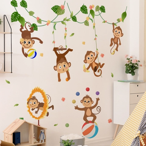 Cartoon Affe Baum Zweig Rebe Wandtattoo PVC Selbstklebend Kinderzimmer Schlafzimmer Dekor Wasserdicht Wandbild