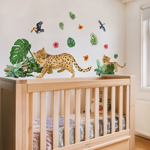 Watercolor Tropical Jungle Leopard Wall Stickers For Nursery Kids Room Decor PVC Removable Waterproof Toucan Leaf Floral Decals