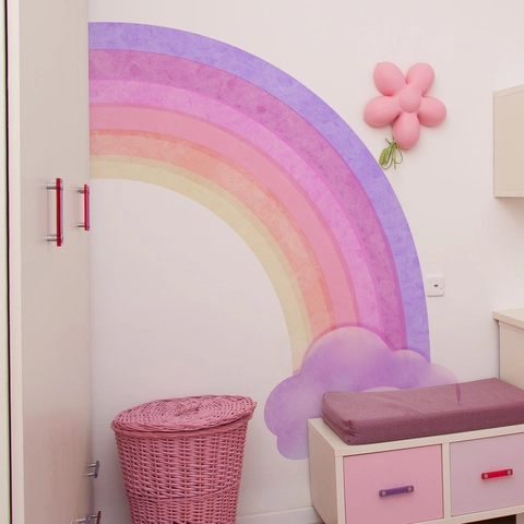 Grand Sticker Mural Arc-en-ciel et Nuages Macaron pour Chambre d'Enfant Chambre de Fille PVC Autocollant Décoratif Imperméable Décalcomanie