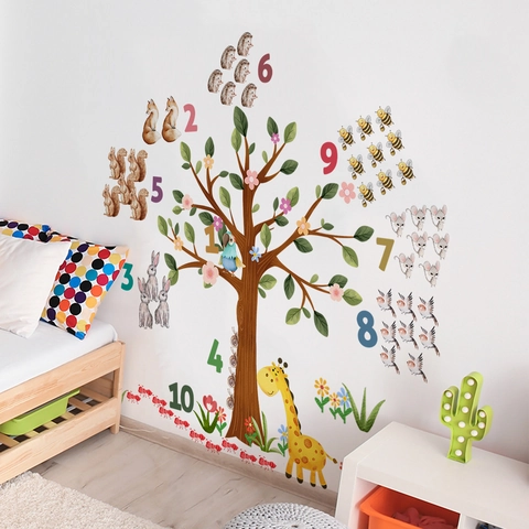 Cartoon Tier Nummer Baum Wandtattoo Für Kinderzimmer Früherziehung PVC DIY Wasserdicht Selbstklebend Wald Dekor