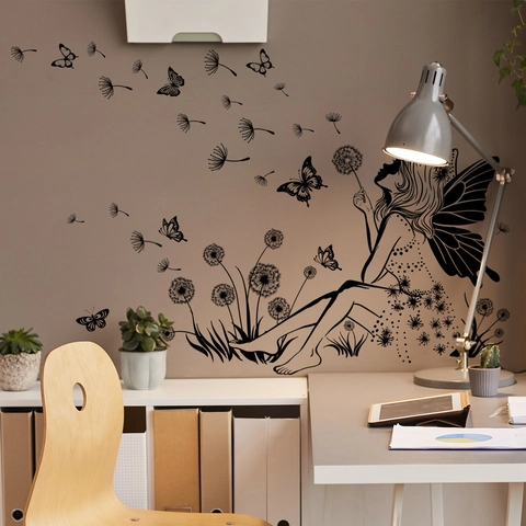 Stickers Muraux Fée Pissenlit Papillon PVC Autocollant Amovible Silhouette Noire Décoration Maison Salon Chambre