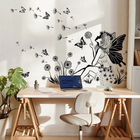 Stickers Muraux Fée Pissenlit Papillon PVC Autocollant Amovible Silhouette Noire Décoration Maison Salon Chambre
