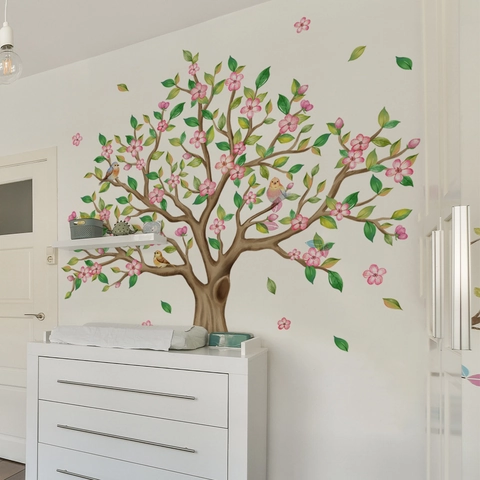Cherry Blossom Tree Wall Stickers Pink Flower Green Leaves Birds PVC Self Adhesive Decals For Living Room Bedroom Nursery