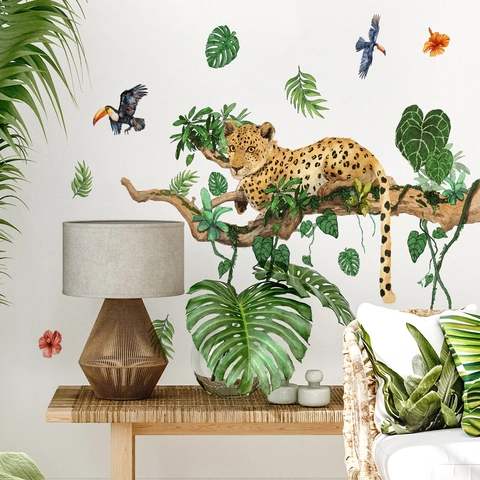 Watercolor Tropical Jungle Leopard Wall Stickers For Nursery Kids Room Decor PVC Removable Waterproof Toucan Leaf Floral Decals