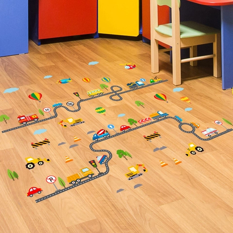 Cartoon Transport Muurstickers PVC Zelfklevend Verwijderbaar Auto Weg Track Stickers Voor Kinderkamer Speelkamer Decoratie