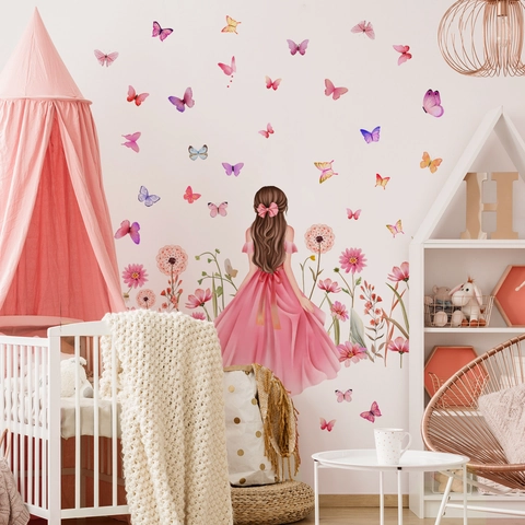 Cartoon Mädchen Schmetterling Blume Wandaufkleber PVC Wasserdicht Abnehmbar Selbstklebend Dekoration Für Kinderzimmer