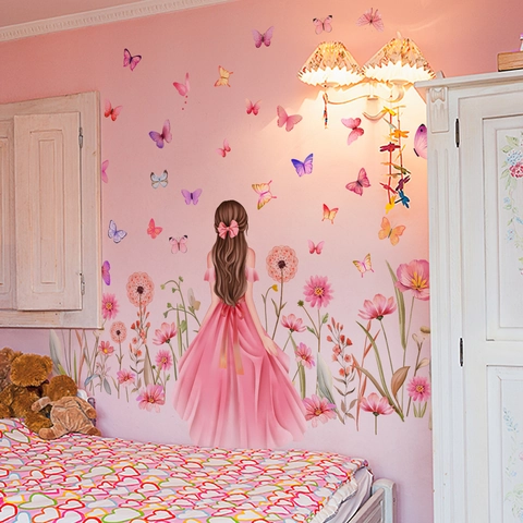 Cartoon Mädchen Schmetterling Blume Wandaufkleber PVC Wasserdicht Abnehmbar Selbstklebend Dekoration Für Kinderzimmer