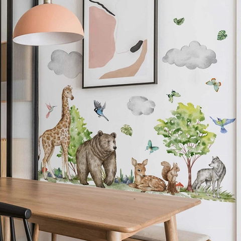 Aquarell Waldtiere Wandaufkleber PVC Handbemalt Giraffe Bär Hirsch Aufkleber Für Kinderzimmer Kindergarten Deko