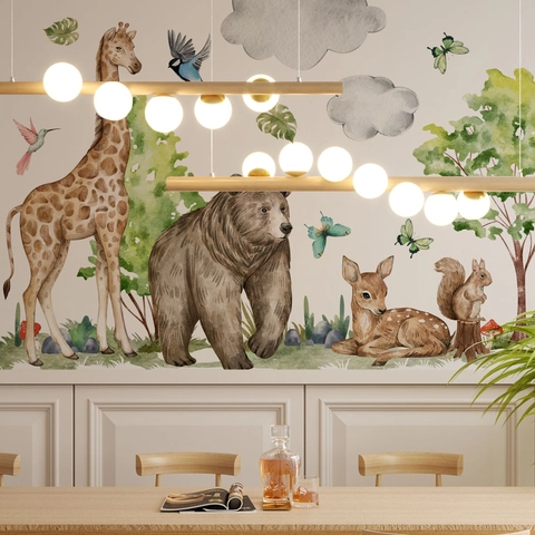 Aquarell Waldtiere Wandaufkleber PVC Handbemalt Giraffe Bär Hirsch Aufkleber Für Kinderzimmer Kindergarten Deko