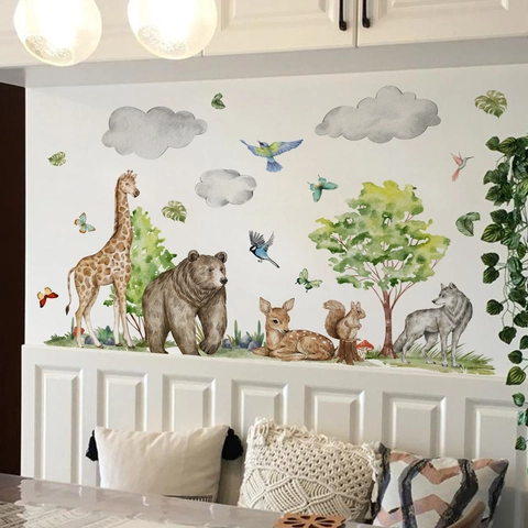Cartoon Forest Animal Wall Stickers Kids Room Nursery Decor Watercolor Giraffe Lion Bear Tree PVC Self Adhesive Wall Decals
