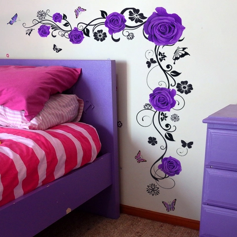 Purple Rose Flower Vine Butterfly Wall Sticker PVC DIY Removable Decorative Mural Art Decal For Living Room Bedroom Decor