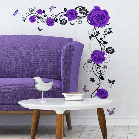 Rose Butterfly Wall Stickers PVC Self Adhesive Home Decor Decals For Living Room Bedroom Floral Vine Mural Art