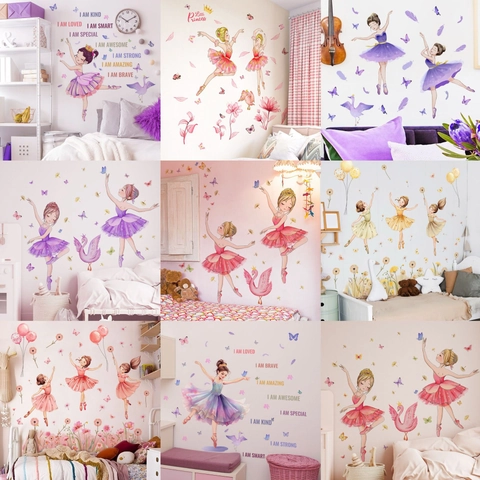 Ballerina Mädchen Wandaufkleber PVC Selbstklebend Abnehmbar Aquarell Schmetterlinge Schwäne Inspirierende Zitate Deko Für Mädchen Kinderzimmer