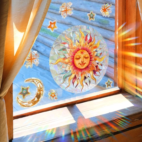 Rainbow Sun Catcher Window Sticker Prism Static Cling PVC Sun Moon Star Bohemian Home Decor Anti-Collision Glass Decal