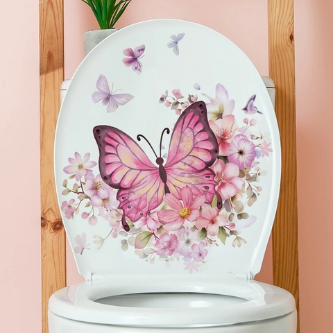 Autocollant Abattant WC Fleurs Papillon Imperméable PVC Auto-Adhésif Décoration Salle De Bain Fleurs Roses
