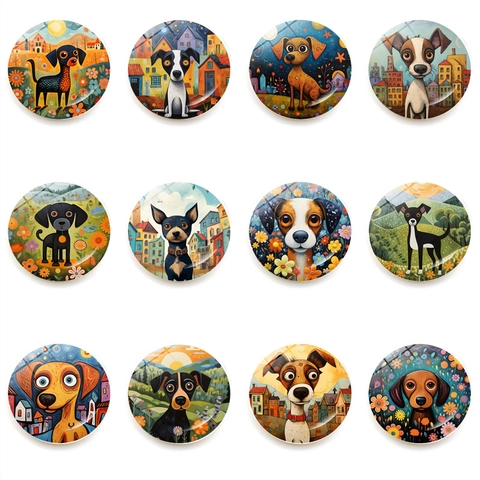 Artistic Abstract Dog Fridge Magnets Round Crystal Glass Magnetic Stickers For Whiteboard Home Decor Kitchen Accessories