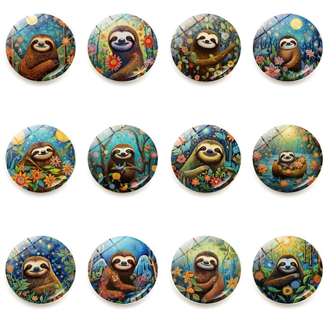 Cartoon Sloth Crystal Glass Fridge Magnet Round Magnetic Whiteboard Sticker Home Kitchen Decorative Sloth Patterns Office Decor