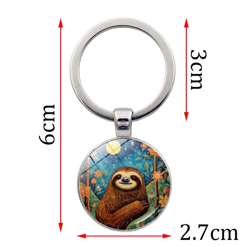 Cartoon Sloth Glass Time Gem Keychain Zinc Alloy Round Pendant Car Key Ring Artistic Illustration Bag Hanging Decoration Jewelry Gift