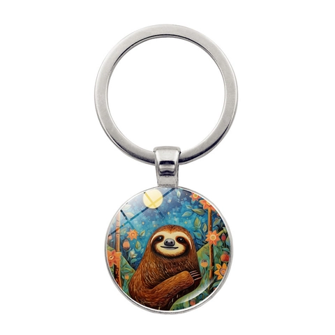 Cartoon Sloth Glass Time Gem Keychain Zinc Alloy Round Pendant Car Key Ring Artistic Illustration Bag Hanging Decoration Jewelry Gift
