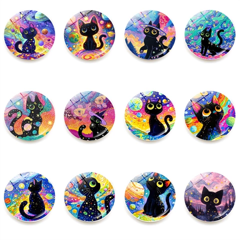 Aimants De Réfrigérateur Chat Noir Ciel Étoilé Rond Verre Cristal Autocollants De Tableau Blanc Magnétiques Décoration Maison