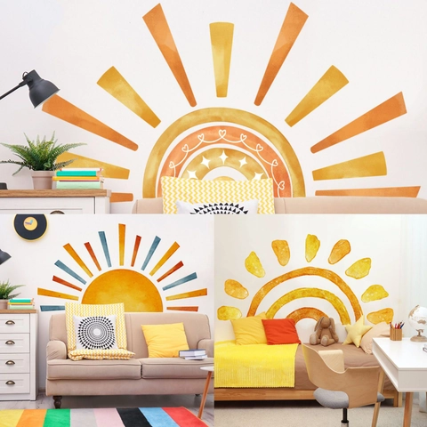 Large Watercolor Sun Rainbow Wall Stickers PVC Boho Home Decor Decals For Nursery Kids Room Bedroom Aesthetic Background