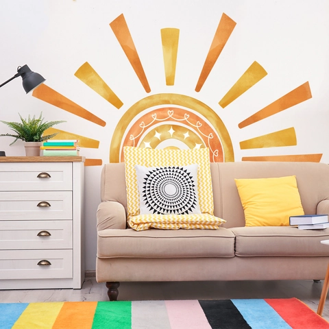 Large Watercolor Sun Rainbow Wall Stickers PVC Boho Home Decor Decals For Nursery Kids Room Bedroom Aesthetic Background