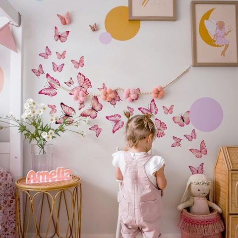 Stickers Muraux Papillons Roses PVC Autocollants Imperméables Amovibles Décoration Chambre Filles Enfants Papillons Volants Aquarelle Artistique