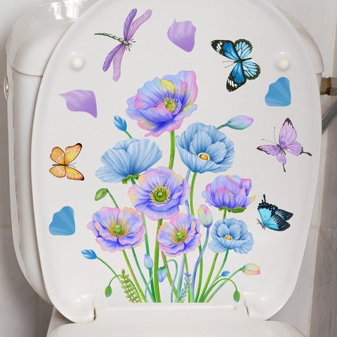 Bloemen Vlinder Toiletdeksel Stickers Verwijderbare PVC Muurstickers Voor Badkamer Decor Aquarel Planten Toiletstickers