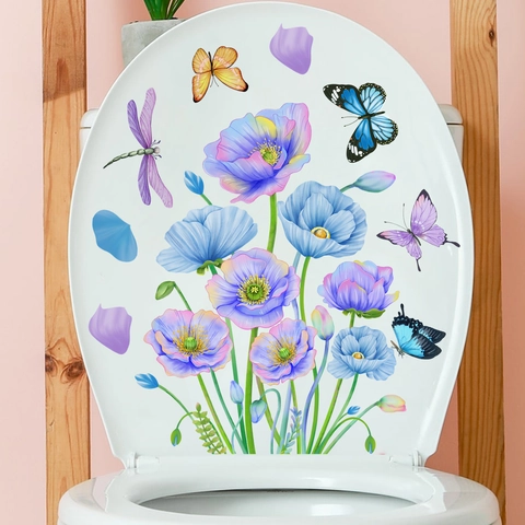 Bloemen Vlinder Toiletdeksel Stickers Verwijderbare PVC Muurstickers Voor Badkamer Decor Aquarel Planten Toiletstickers
