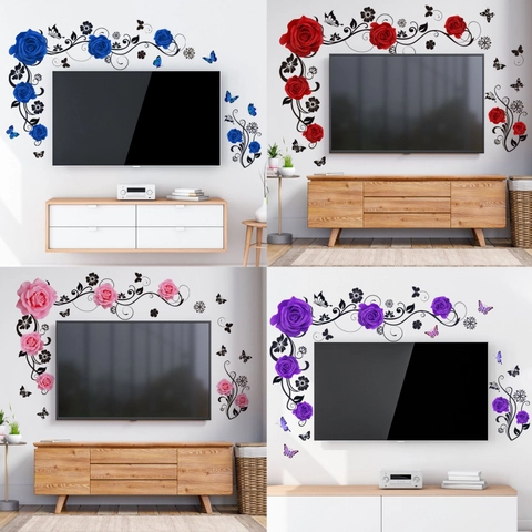 Rose Butterfly Wall Stickers PVC Self Adhesive Home Decor Decals For Living Room Bedroom Floral Vine Mural Art