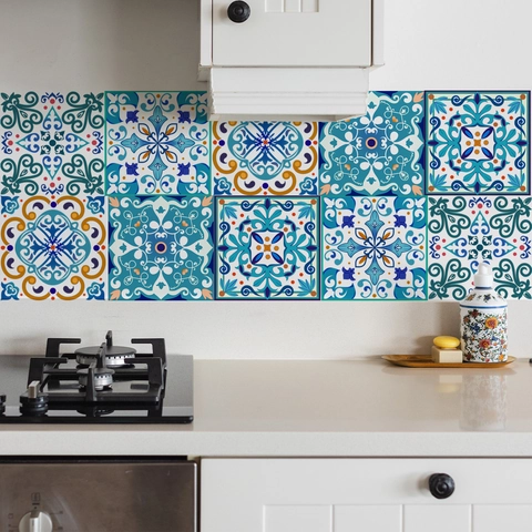 Pegatinas De Azulejos Mediterráneos Retro Impermeables Al Aceite PVC 3D Relieve Calcomanías De Pared Autoadhesivas Para Cocina Baño Estilo Marroquí